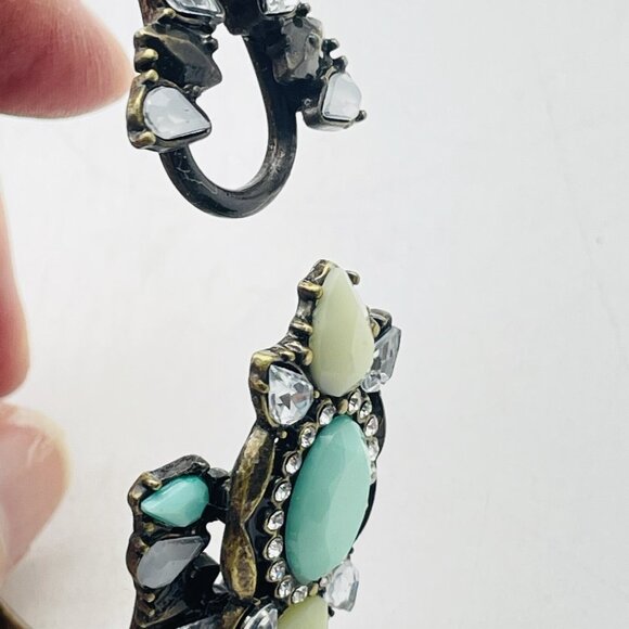 Vintage Hinged Bangle Bracelet Turquoise Green Cabochon Rhinestone Statement - Picture 3 of 7